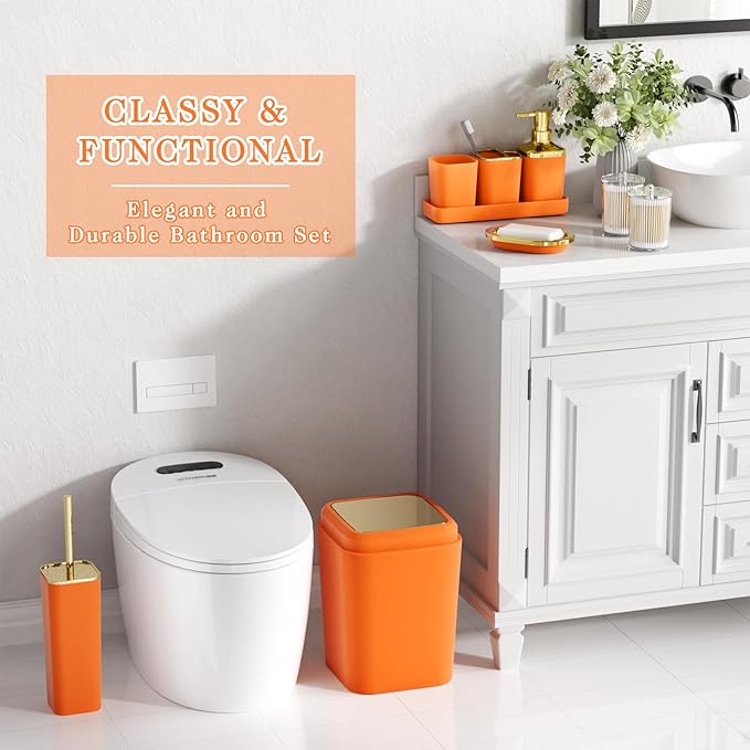 Bathroom Set - Orange Bathroom Sets with Shower Curtain and Rugs, 24PCS Shower Curtain Set with Hooks, Soap Dispenser, Soap Dish, Toilet Brush Holder and Trash Can for Housewarming