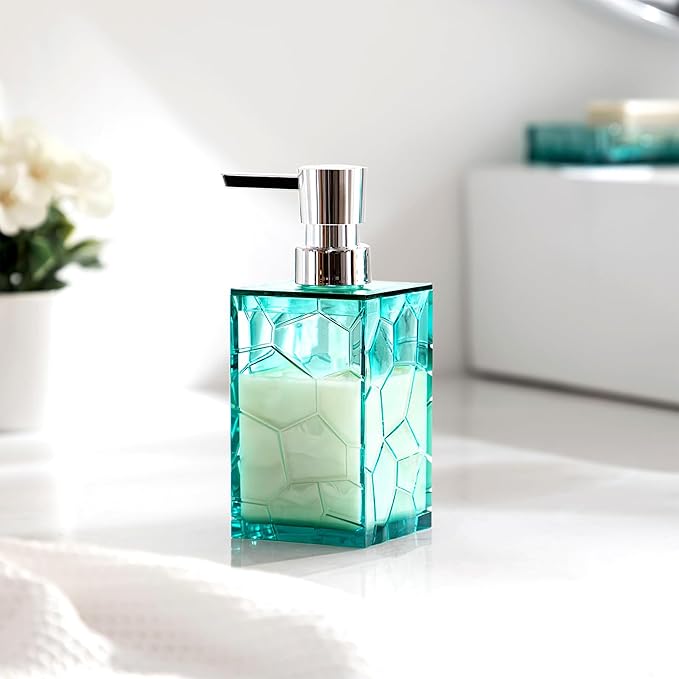 HBlife Bathroom Accessories Set, Teal Blue Acrylic Bathroom Counter Set with Toothbrush Holder, Soap Dispenser, Tumbler, Soap Dish, Turquoise Boho Modern Bathroom Decor, Ideal Gift Choice