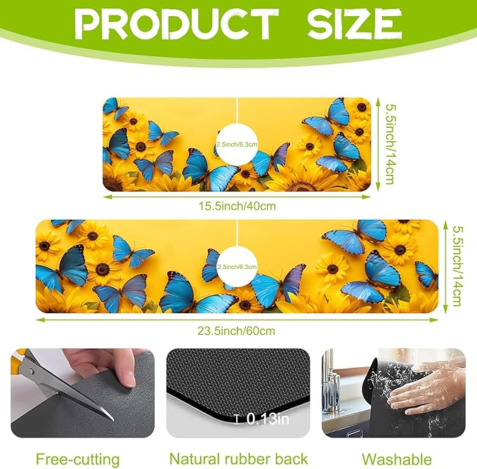 Kitchen Sink Splash Sunflowers and Blue Butterflies Guard Faucet Mat Super Absorbent Fast Drying Mat Guard Behind Faucet Drip Catcher for Kitchen Bathroom, 15.5"X5.5"