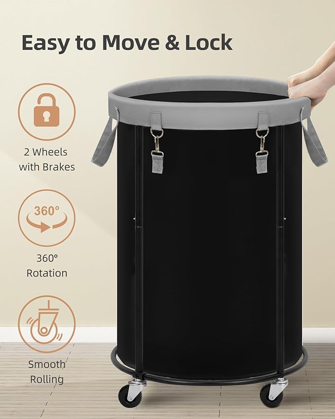 STORAGE MANIAC Rolling Laundry Hamper with Wheels 110L Laundry Basket, Round Laundry Cart with Metal Frame and Removable Bag, Clothes Hamper for Bedroom, Bathroom, Dorm Room, Laundry Room, Black