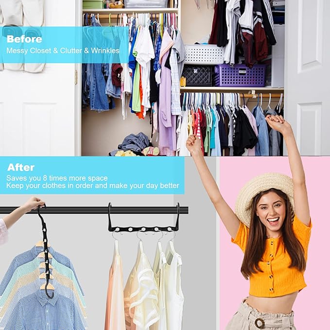 DUCOO 10 PCS Space Saving Hangers, 5-Hole Magic Hangers - Sturdy Plastic Hanger, Closet Organizers for Clothes Storage, College Dorm Essentials, Home Organization (Black)