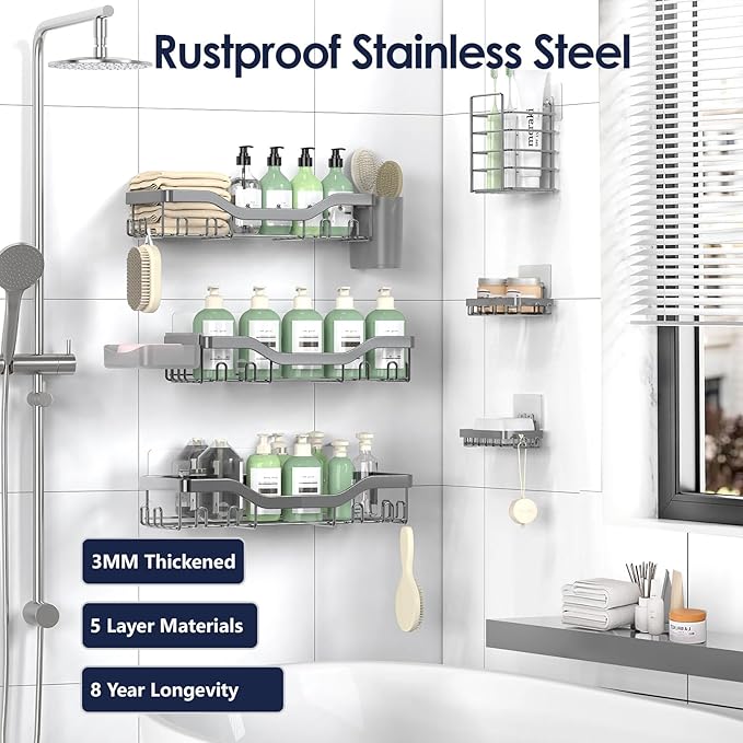 Shower Caddy Adhesive Shower Organizer 8-Pack, Rustproof Stainless Steel Bathroom Shelves, Large Capacity No-Drill Rack Storage Accessories with Soap Dish Toothbrush Holder Hooks