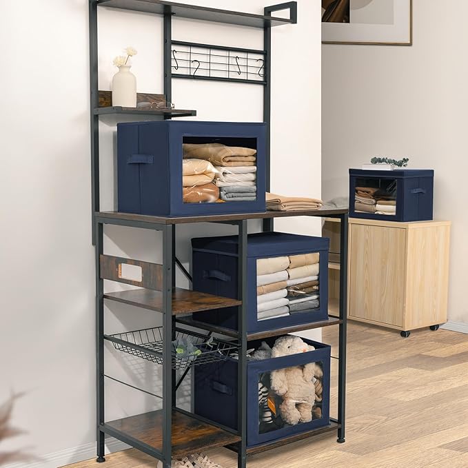 Stackable Storage Bins with Lids - Large Storage Box with Lids, Foldable Closet Boxes for Organizing, Wardrobe Clothes Organizer with Window, Cubes Bins for Living Room, 6 Pack, Navy Blue