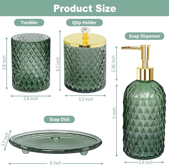 Bathroom Accessories Set, 4Pcs Sage Green Glass Bathroom Accessory Set Complete w/Lotion Soap Dispenser, Toothbrush Holder, Qtip Holder, Soap Dish, Gold Bathroom Decor Sets, Gift for Home Apartment