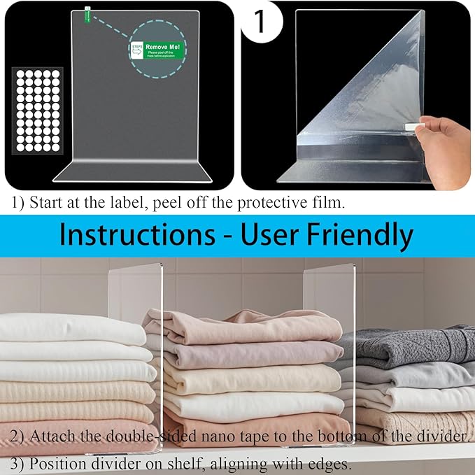 Lebouri Shelf Dividers for Closet Organization: 12" Tall x 10" Deep Acrylic Closet Shelf Dividers for Clothes Sweater Purse - Free Standing Clear Separators for Shelves