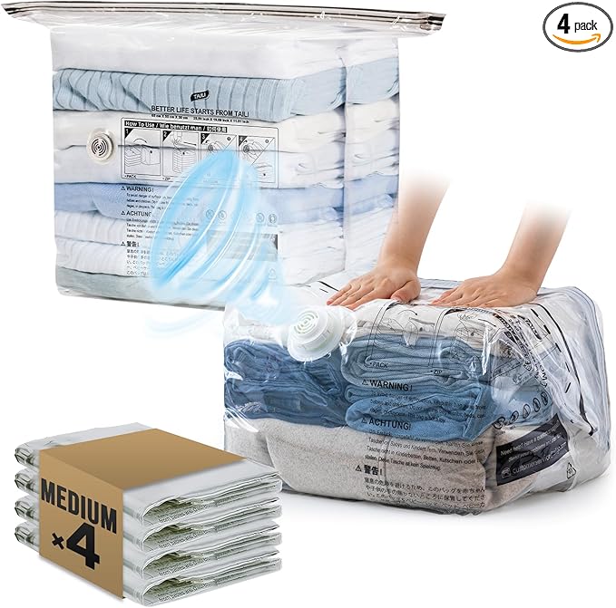 TAILI Cube Vacuum Storage Bags 4 pack, Medium Size (25x19x11 inch), Vacuum Seal Bags for Clothing, Travel Compression Packing for Clothes, Blankets, Baby Clothes, Travel Accessories