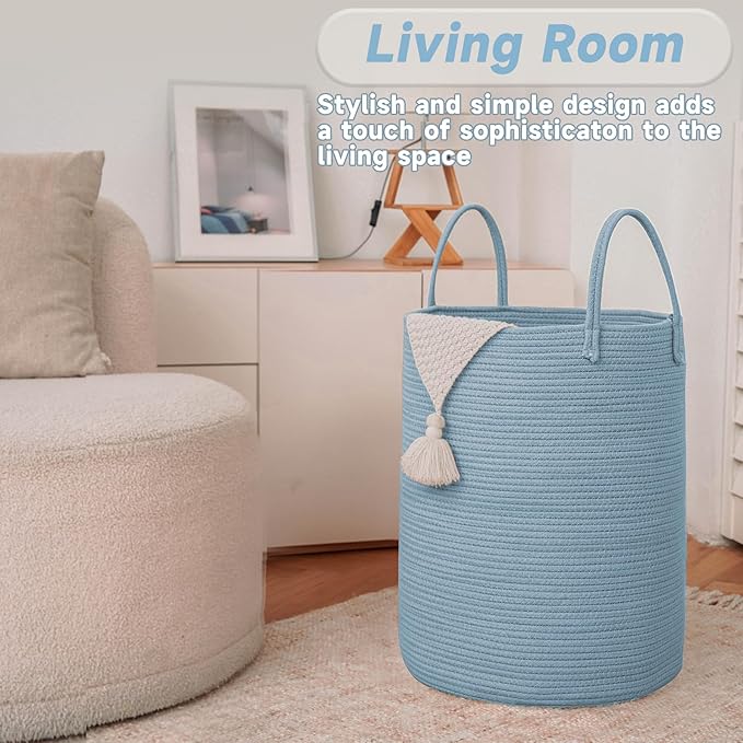 Large Woven Laundry Basket Hamper,60L Cotton Rope Storage Bin for Blankets,Toys and Clothes,Decorative Tall Nursery Hamper for Living Room,Baby Nursery,Bathroom and Bedroom,Blue