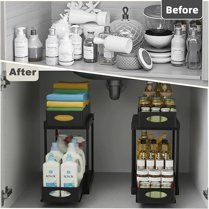 2 Pack Under Sink Organizer, Pull-Out Cabinet Storage Organizers for Bathroom & Kitchen, Multi-Purpose Under Counter Shelf Rack for Cleaning Supplies, Bottles & Toiletries, Cabinet Organizer-Black