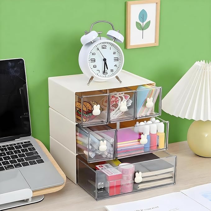 Desktop Storage Drawers, Plastic Desk Organizer with 2 Drawers, Modular Stackable Toolbox Units for Office Stationary, Makeup Container, Bathroom Countertop (1 Tall Layer, Cream & Clear)