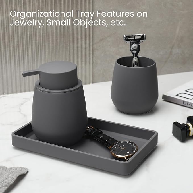 Bathroom Accessories Set, Modern 3 Pcs Bathroom Essentials - Soap Dispenser, Toothbrush Holder & Tray, Countertop Vanity Organizer (Gray)