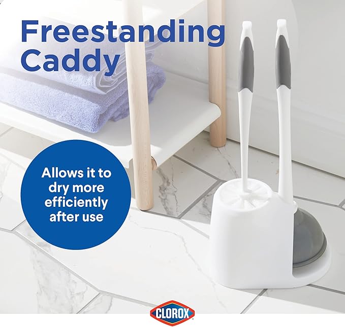 Clorox Toilet Plunger and Bowl Brush Combo with Caddy, 6.75 x 7 x 19.5 in, White/Gray