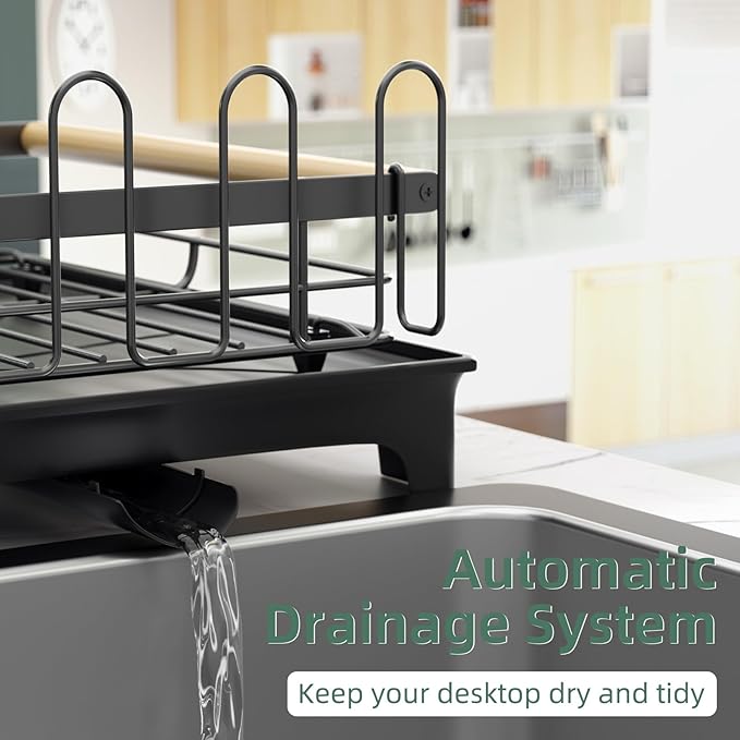 2 Tier Dish Drying Rack, Drying Rack with Automatic Drainboard, Dish Racks for Kitchen Counter, Rustproof Dish Drainer with Removable Utensil Holder, Cups Holder, Black