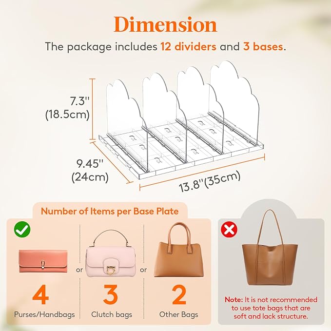 Lifewit Purse Organizer for Closet, Clear Handbags Storage Organizer, Adjustable Clutch Purse Storage Organizer Holder for Closet, 3 Pack Bookshelf Dividers for Sweater in Bedroom 35 x 24 cm/14 x 9.5