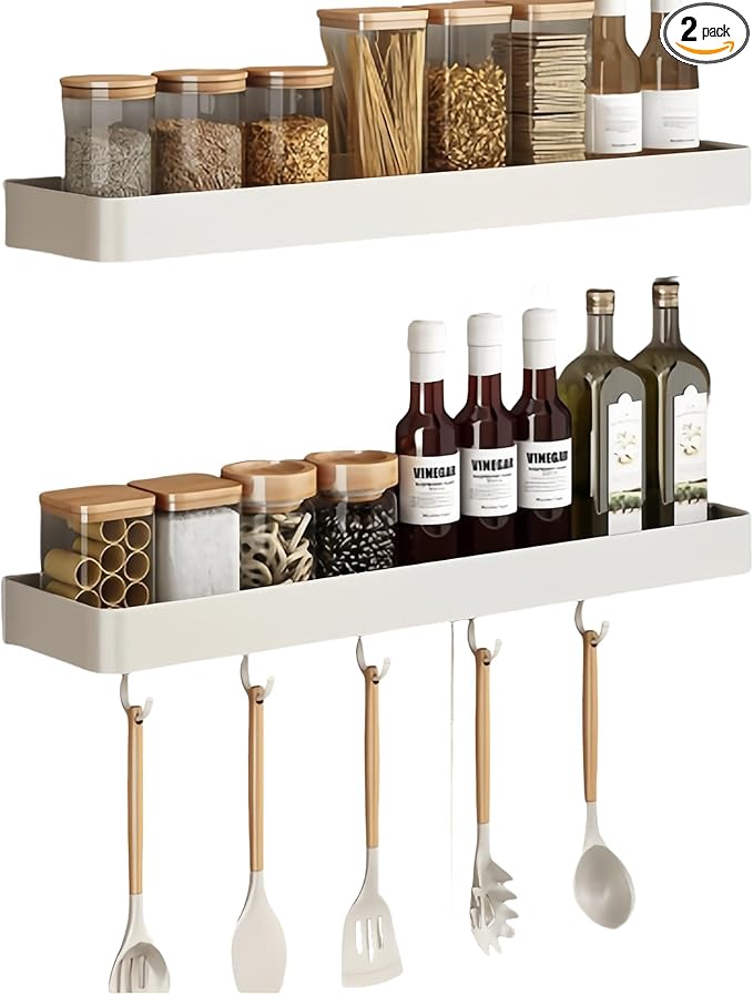 SEIDO Space-Saving Kitchen Utensil Holder | No-Drill Shelf Organizer | Wall Mount Spice Rack with Hooks | Space Aluminum | 12 Inch Long | White | 2-Piece Set
