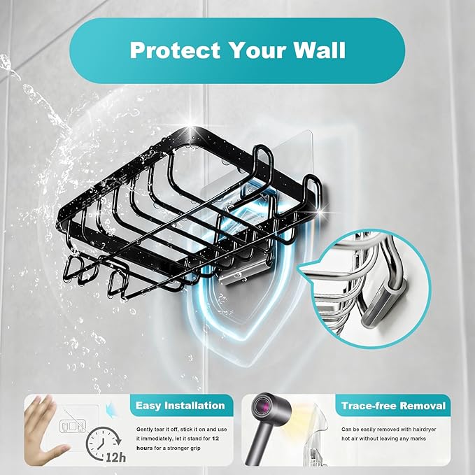Stainless Steel Mate Black Soap Dish for Shower, Suction Cup Square Shower Soap Holder - Black Soap Saver - Comfortable Essential for Apartment, Home and Dormitory