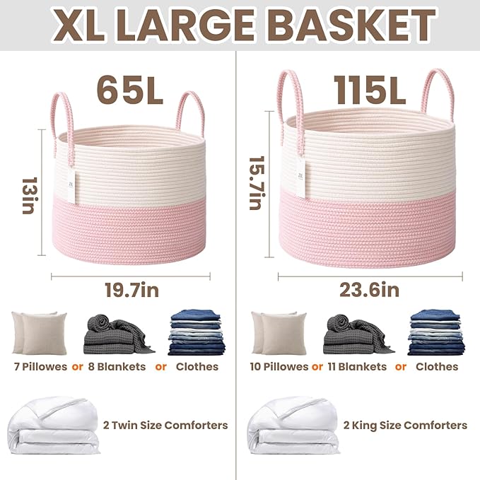 115L Extra Large Blanket Basket for Living Room - Woven Cotton Rope Laundry Hamper with Reinforced Handles - Storage Bin for Pillows, Comforters & Toys - Machine Washable,White&Pink