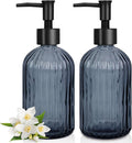 2 Pack Stripe Glass Soap Dispenser with Black Plastic Pump, 400ml Liquid Hand Soap Dispenser, Rustproof Pump for Kitchen & Bathroom, Great for Lotions, Essential Oil, Liquid Soaps- (Grayish Blue)