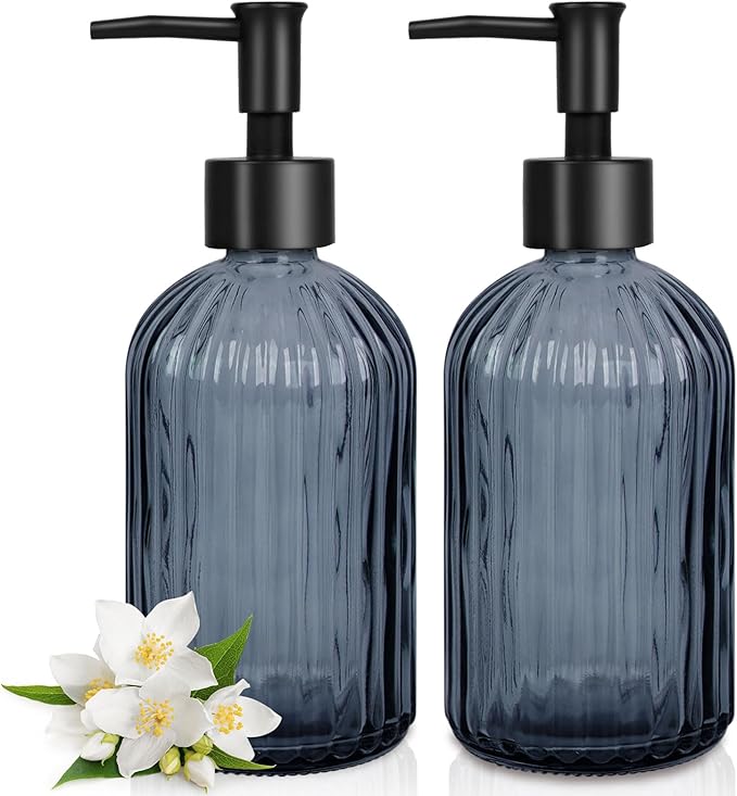 2 Pack Stripe Glass Soap Dispenser with Black Plastic Pump, 400ml Liquid Hand Soap Dispenser, Rustproof Pump for Kitchen & Bathroom, Great for Lotions, Essential Oil, Liquid Soaps- (Grayish Blue)