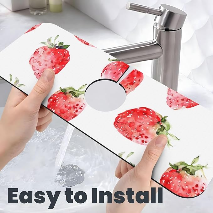 Faucet Draining Mat For Kitchen Sink, Watercolor Strawberries Diatom Mud Absorbent Drain Pad For Bathroom Kitchen Sink Splash Guard Drying Mat
