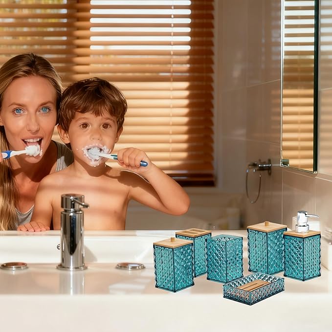Bathroom Accessory Set,6 Pcs Dark Green Bathroom Set Include Soap Dispenser, Qtip Holder Dispenser, Soap Dish, Toothbrush Holder & Mouthwash Cup.Boho Bathroom Set