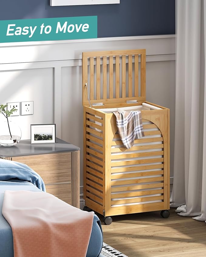 Laundry Hamper with Wheels, Laundry Basket with Lid, 22.5Gallon (85L) Bamboo Wood Clothes Laundry Hamper 2 Section with Handles, Removable Liner
