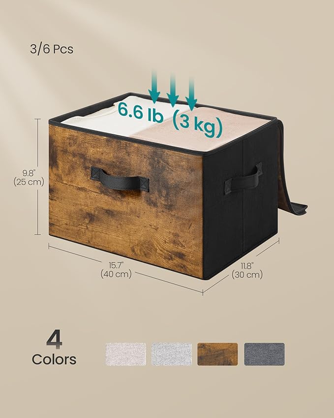 SONGMICS Foldable Storage Organizer Boxes, Set of 3 Storage Basket Bins with Lids, Handles, Clothes Organizer, 15.7 x 11.8 x 9.8 Inches, Non-Woven Fabric, Ink Black URYZ103B01