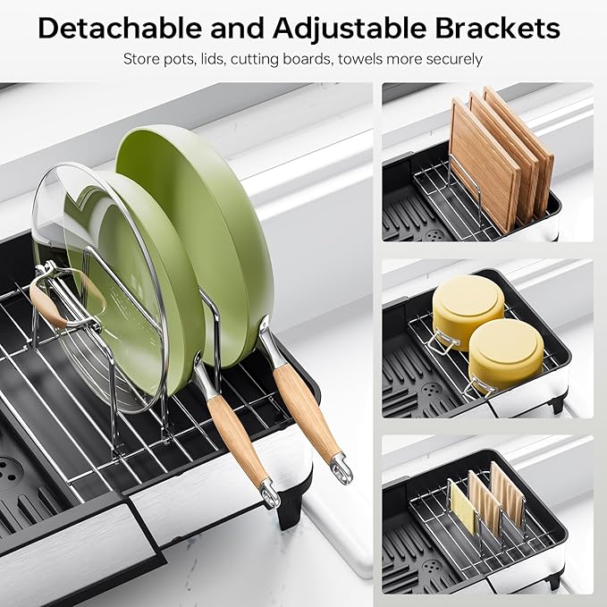 Large Dish Drying Rack - Triple Expandable Dish Rack for Kitchen Counter, Stainless Steel Sink Organization and Storage Essentials with Utensil & Pans Holder for Home and Appartment, Black