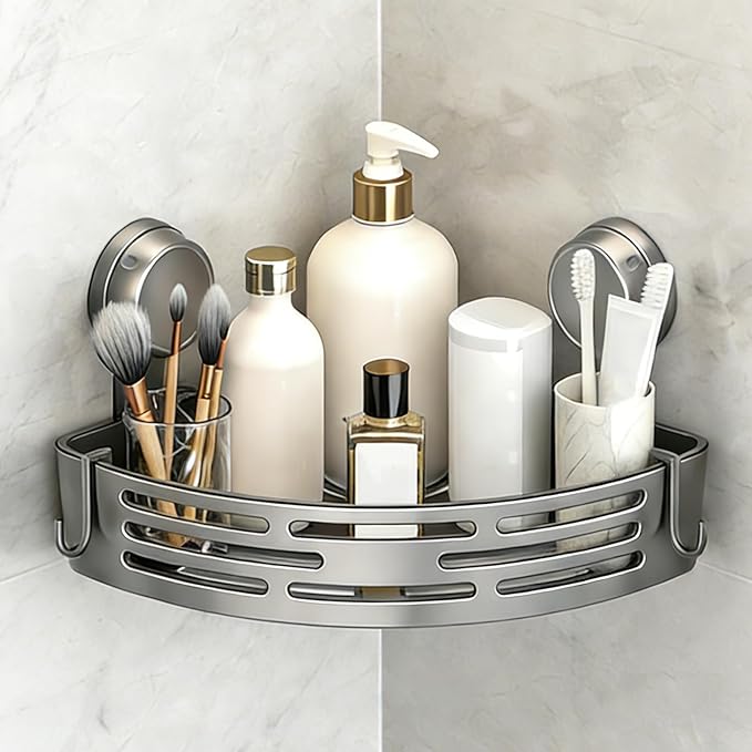 kdlgjdv Triangle Suction Cup Shower Caddy, No-Drill Bathroom Corner Shelf, Small Bathroom Storage Cabinet, Easy To Install, Heavy-Duty Strong Hold Shower Storage Rack For Shampoo & Soap (Gray)