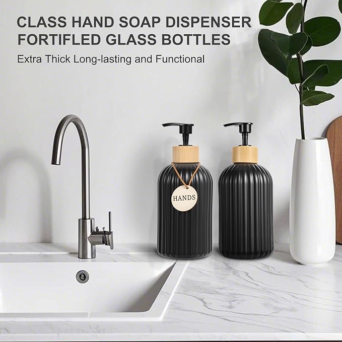 2 Pack ViserVita Glass Soap Dispenser Set with Bamboo Pump,Refillable Liquid Hand soap Dispenser for Bathroom, Premium Kitchen Sink Soap Dispenser