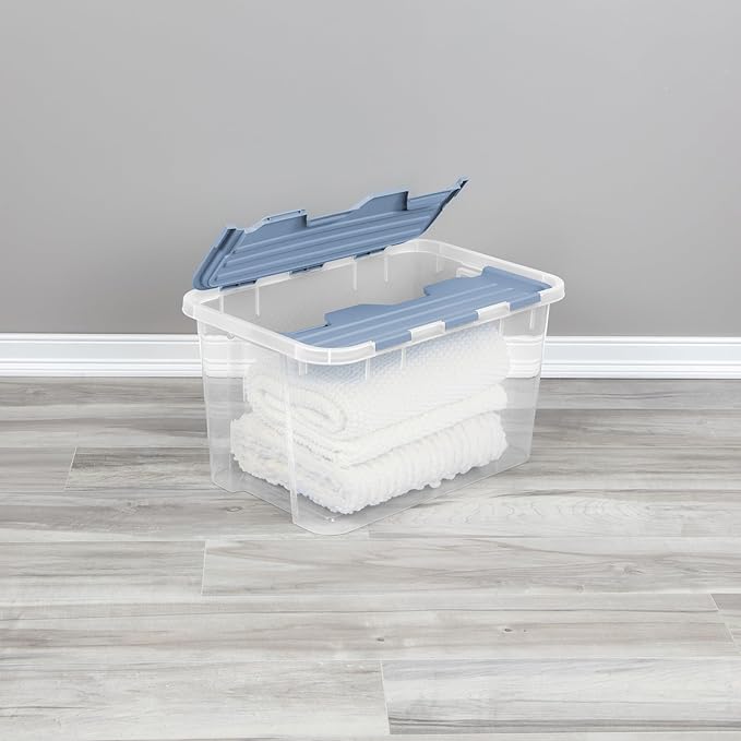Sterilite 6 Pack Hinged Lid Storage Box, 60 Qt Plastic Container, Washed Blue - Home Organizer Tote for Storing Shoes, Crafts, Clothing, or Decor