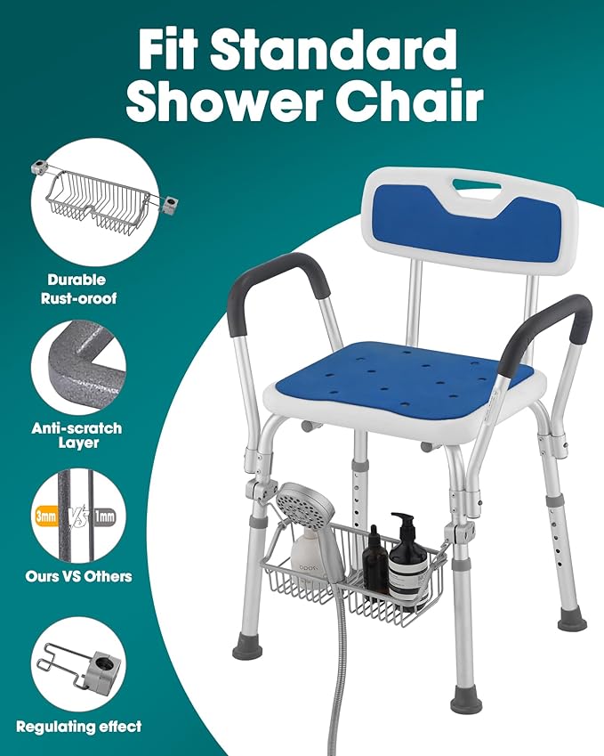 Rustproof Hanging Shower Caddy for Shower Chair, Stainless Steel Bathroom Basket for Bathroom Chair Bench,Showers Caddy Chair with Hooks, Shampoo Bottle Holder for Elderly, Pregnant, Handicap, Patient