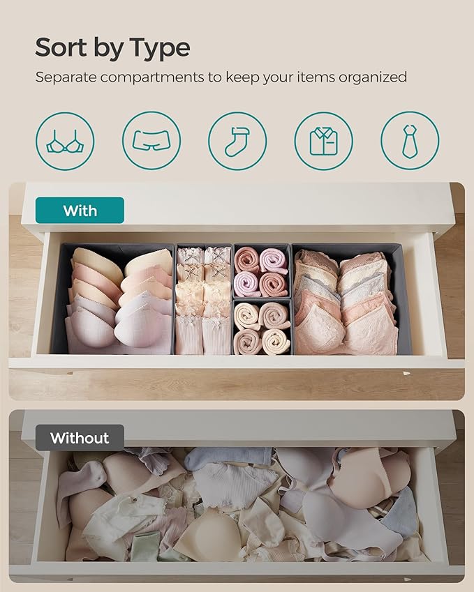 SONGMICS Drawer Organizer, Dresser Drawer Organizers, Set of 12, Foldable Fabric Storage Bins for Socks, Underwear, Bras, Ties, Scarves, Slate Gray URDZ006G03