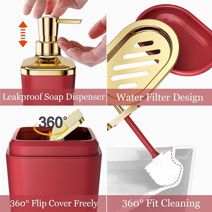 Dark Red Bathroom Accessory Set, 9-Piece Burgundy Bathroom Set with Trash Can, Toothbrush Holder, Toothbrush Cup,Soap Dispenser,Soap Dish,Toilet Brush Holder,2 Qtip Holder Dispensers and Tray