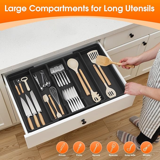 Large Silverware Organizer, Expandable Utensil Drawer Organizer for Kitchen Drawers, Kitchen Drawer Organizer for Spoons/Forks/Knives, Multipurpose & BPA Free Cutlery Tray, Black, 1 Pack
