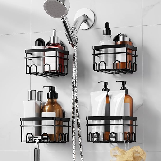 KEGII Suction Cup Shower Caddy 4 Pack, Universal Fit for All Showerheads, No Drill Bathroom Organizer with 36 Hooks & Razor Holder, Removable and Waterproof, Black