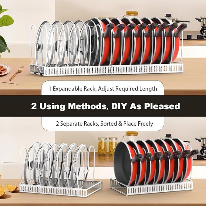 Housolution 2 Pack Pot and Pan Organizer Rack, 12"-23" Expandable Pot Lid Organizer with 14 Adjustable Dividers, Pan Holder Storage Rack for Kitchen Cabinet, White