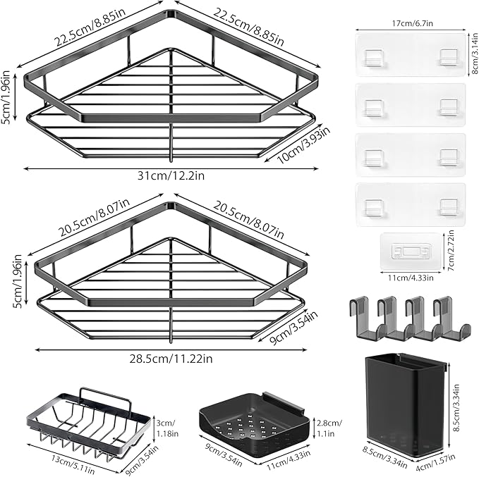 Corner Shower Caddy, 5-Pack Adhesive Shower Corner Organizer Shelves, No Drilling Stainless Steel Shower Storage Rack with Soap&Toothpaste Holder for Bathroom, Dorm and Kitchen (grey)