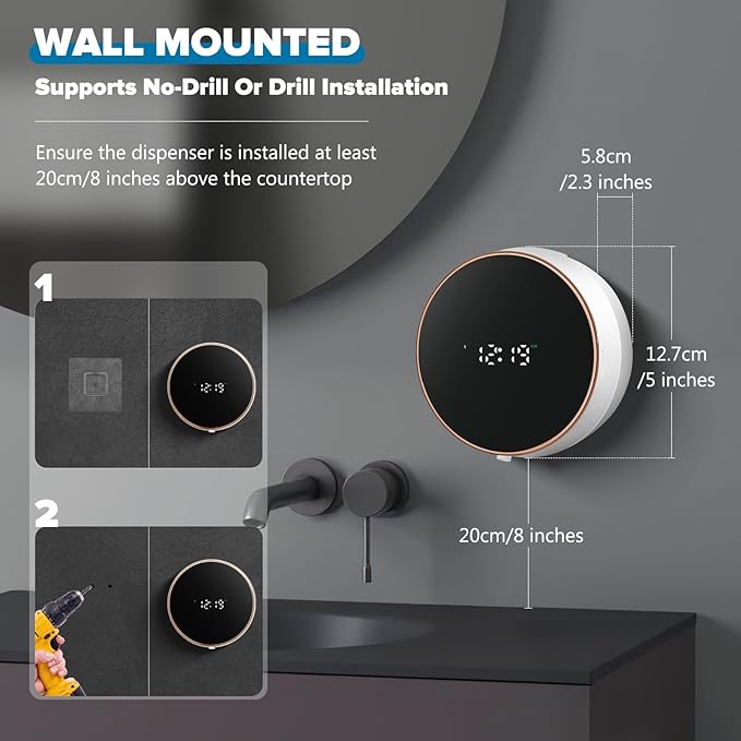 Automatic Soap Dispenser Foam Bathroom: Wall Mount Rechargeable Touchless Adjustable Auto Smart Electric Plastic White Foaming Soap Dispenser with Clock - Kitchen - Hand Dish Lotion Couple Kids