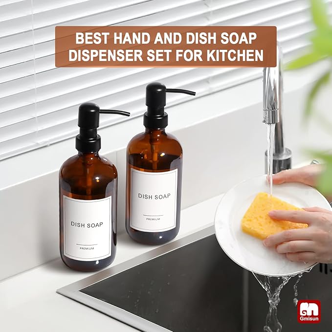 GMISUN Amber Glass Soap Dispenser, 4 Pack Bathroom Hand Soap Dispensers with Stainless Steel Pump, 17 Fl Oz Kitchen Hand and Dish Soap Dispenser Set, Modern Vintage Liquid Brown Soap Dispensers Bottle