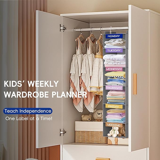 VERONLY Weekly Hanging Closet Organizer for Kids, 6-Shelf Clothes Storage with Labeled Days of The Week Monday Through Friday, Weekday and Weekend, Days of The Week Clothes Organizer