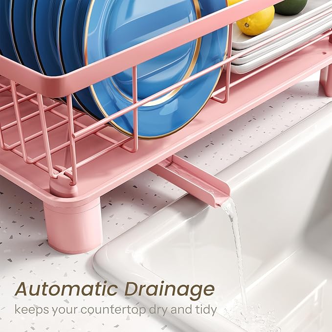 SNTD Dish Drying Rack - Small Dish Rack for Kitchen Counter, Stainless Steel Dish Drainer with Utensil Holder and Drainboard, 11" W x 15" L (Pink)