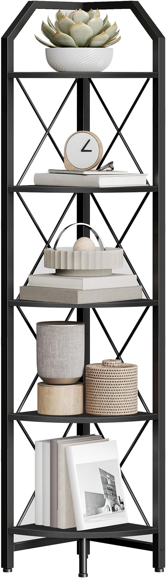 5-Tier Corner Shelf, Industrial Corner Bookshelf, 59.4" Corner Storage Stand, Plant Stand Display Shelf, Corner Bookcase for Bedroom, Living Room, Home Office, Black TCJ10BB
