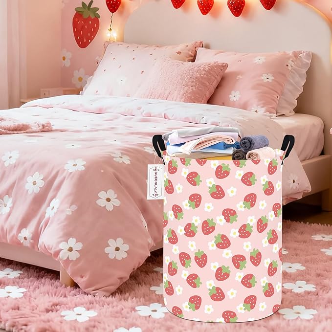 QUEENLALA Large Storage Basket,Laundry Hamper/Bathroom/Home Decor/Collapsible Round Storage Bin,Boys and Girls Hamper/Boxes/Clothing(Round-Pink Strawberry)