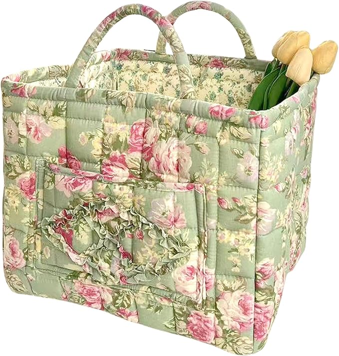 vctops Boho Cotton Quilted Storage Basket for Organizing, Basket Organizer Gift Baskets with Handles, Storage Bins for Toys, Books, Towels, and Clothes, Collapsible Fabric(Pattern K,13"x10.6"x10")