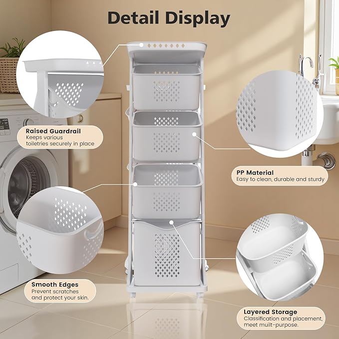 4-Tier Laundry Hamper Sorter, Vertical Rolling Laundry Baskets with Wheels Removable, Stackable Laundry Cart Organizer and Storage for Small Space, Dorm, Closet, Bathroom