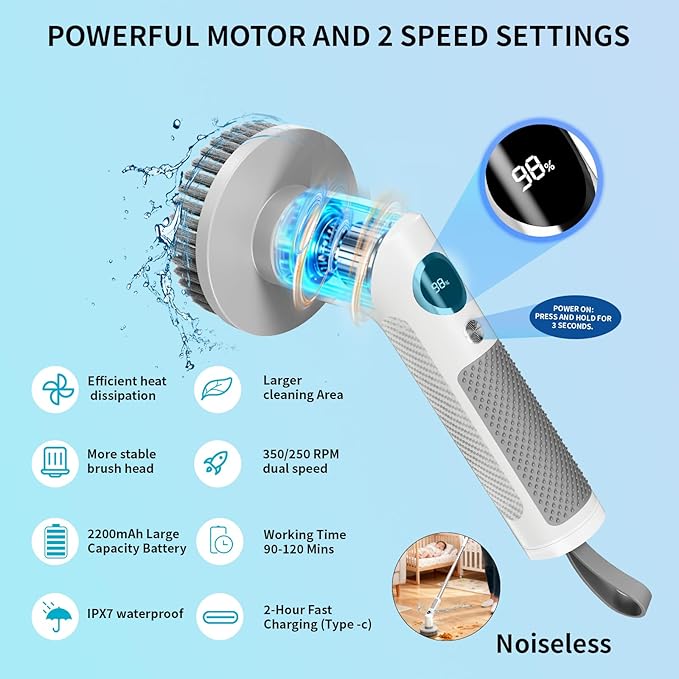 Electric Spin Scrubber, Cordless Cleaning Brush with 6 Replaceable Brush Heads, IPX7 Waterproof Bathroom Scrubber with Adjustable Extension Handle & Battery Level Display for Bathroom Kitchen Car