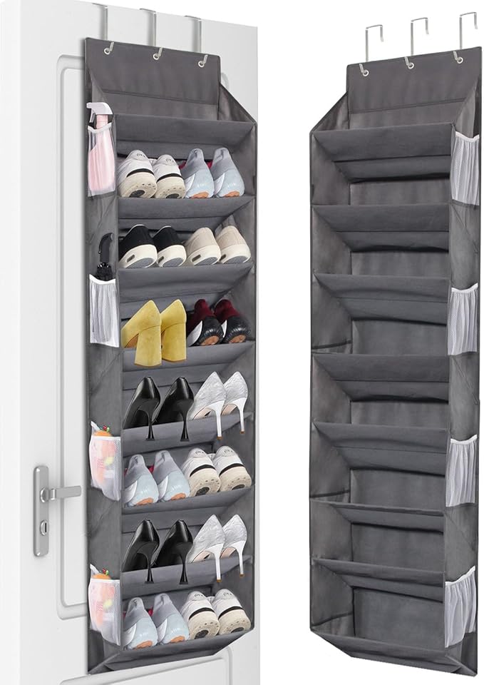 Miracsnail Over the Door Shoe Organizer Hanging with 8 Mesh Pockets 8 Wire Large Deep Pockets, 50lbs Weight Capacity Fits 16 Pairs Shoes Door Shoe Rack Store for Closet and Narrow Door 1 Pack