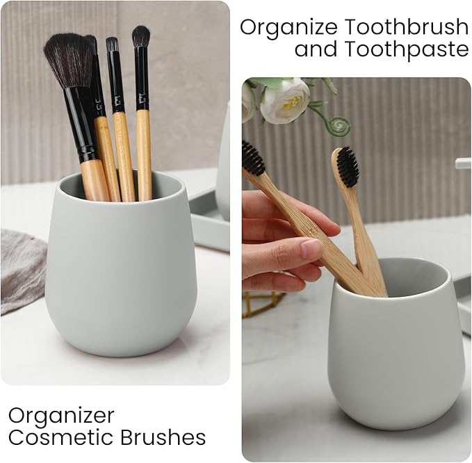 Bathroom Accessories Set, Modern 3 Pcs Bathroom Essentials - Soap Dispenser, Toothbrush Holder & Tray, Countertop Vanity Organizer (Beige)