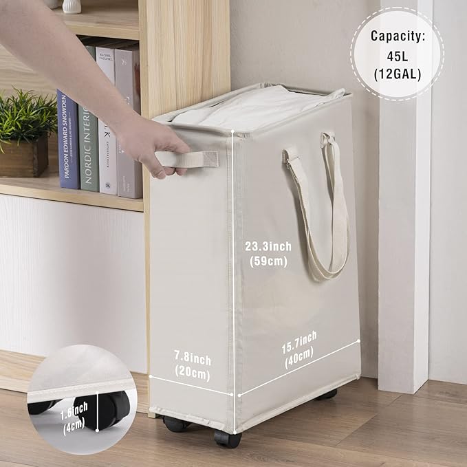 Slim Rolling Laundry Basket, Slim Laundry Hamper with Wheels and Adjustable Long Handles, 45L Small Laundry Baskets with Mesh Top for Bedroom, Closet, and Bathroom - Beige