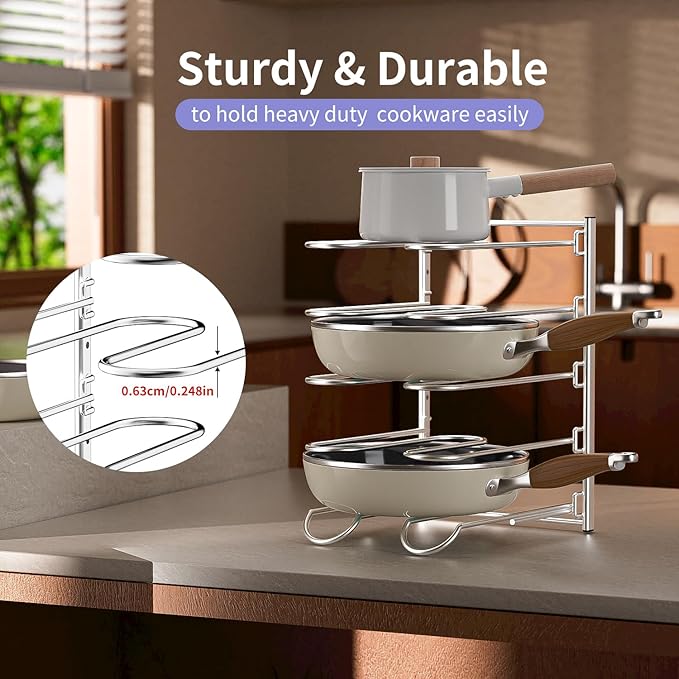 JAQ Pots and Pans Organizer, 13.18 inch Heavy Duty Pot Lids Rack Holder Adjustable Height for Muffin Tins, Baking Sheets, Skillets,Cookware,Bakeware in Cabinets Shelf Countertop Pantry
